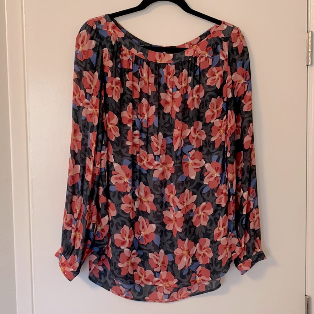 Loft long sleeved floral print top - gray and pink, size large